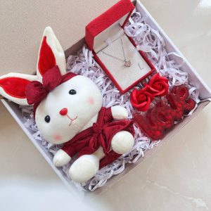 هدیع شیک و رمانتیک شامل عروسک خرگوش | گردنبند | گل رز قرمز | شکلات اسمارتیز لاو